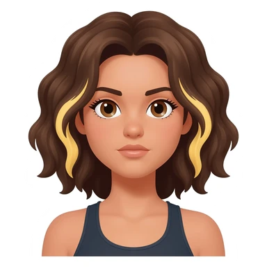 Una chica de piel clara/oscura de ojos marrones pelo castaño ondulado con mechas rubias una en el lado izquierdo debajo de una capa de pelo y la otra detras y tiene un cuerpo de atleta sticker