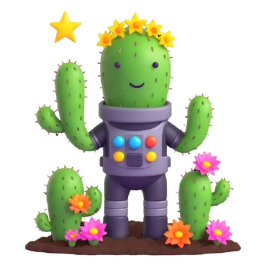 A spacesuit-wearing cactus blooming neon stars instead of flowers, with mini planets on its prickles sticker