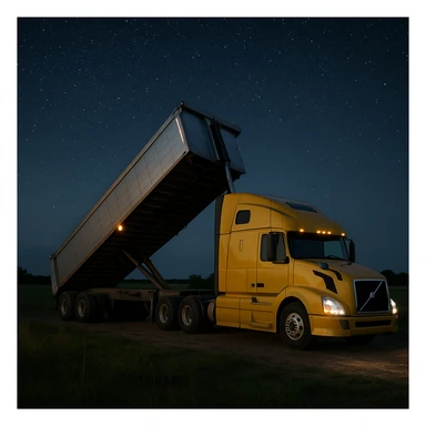 ultra-realistic Volvo yellow semi sleeper truck and silver end dump trailer, trailer tilted up as if dumping, night scene in a photorealistic countryside with grassy fields and a starry sky sticker