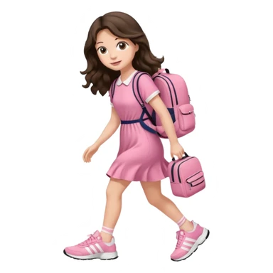 aestethic brunette very long wavy hair walking with a school backpack, with a cute pink dress, adidas shoes sticker