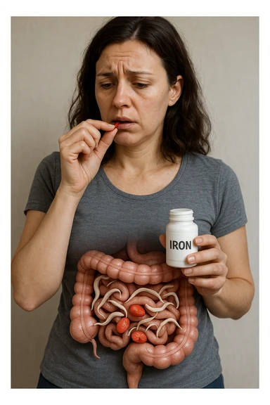 donna con parassiti intestinali che prende integratore di ferro, ma lo mangiano i suoi parassiti. Immagini realistiche sticker