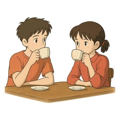 ghibli style boy and girl sitting at a table sipping coffee sticker