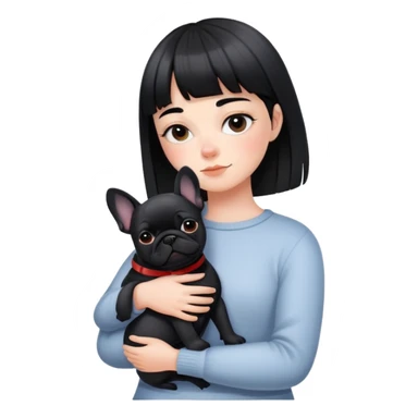 girl with short black straight bangs hair and hugging Black French Bulldog sticker