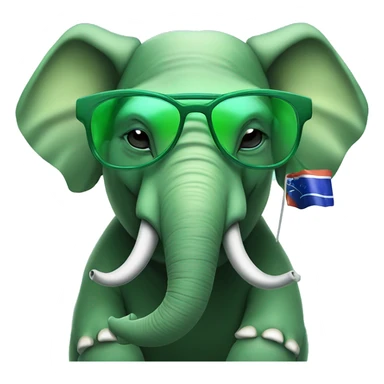 A green elephant with cientist blue glasses and alien antenas wearing an pandora colored by brazil flag colors sticker