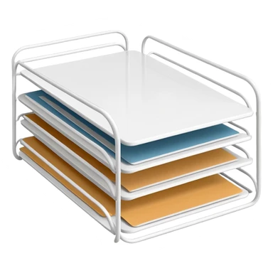 A minimal, clean emoji-style illustration of a white metal desk paper organizer tray, shown in slight isometric view so its structure is readable at a small scale. The organizer is rectangular with rounded corners, made of thin white metal wires, forming two to three stacked horizontal slots.
 sticker