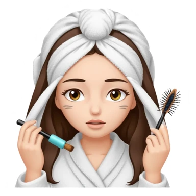 Girl with brown hair in white dressing gown and white towel wrapped in her head doing her mascara  Eyes closed white dark hair and towel wrapped differently doing mascara long hair  sticker