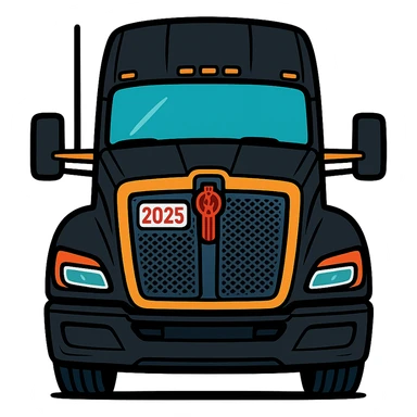 2025 Kenworth T680, black, front view, close-up, stylized cartoon style sticker