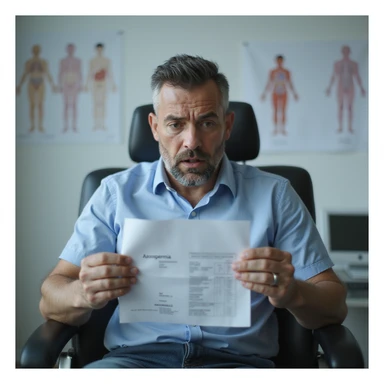 hyperrealistic 4K image of a man in his 30s sitting in a urologist's office, staring anxiously and shocked at semen analysis results showing 'azoospermia', hands trembling while holding the paper, clinical atmosphere with fertility diagrams on the wall sticker