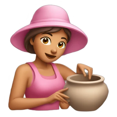 Woman in pink hat making pottery sticker