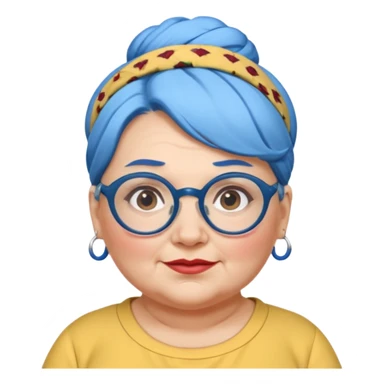 fat old woman with blue big bun hair and glassess and headband sticker