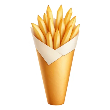 Belgian Fries Cinematic Realistic Belgian Fries Dish Emoji, depicted as a generous serving of crispy fries neatly presented in a white paper cone, rendered with vivid textures and appetizing, natural lighting. sticker