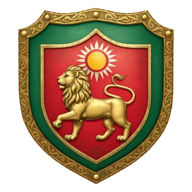 rectangular shield with the flag of Iran, with a lion and a sun sticker