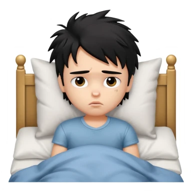 a PRETTY BRATZ boy with black messy hair, in bed, looking sad sticker