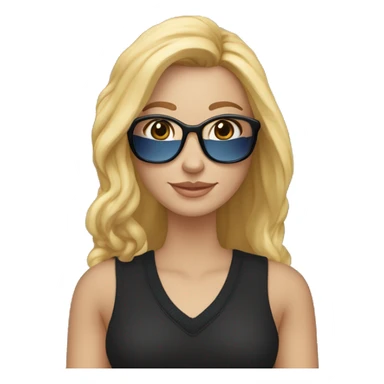 Een 52 jarige vrouw met middel lang blond haar, grijs met zwarte sjaal, zonnebril, zwarte sweater en blauwe broek sticker