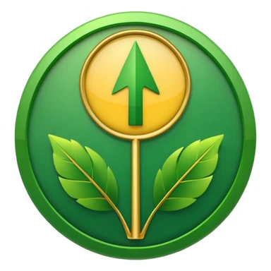 "A simple, strong, rounded arrow pointing upwards, encased within a circle made of two green, curved leaves. Use bright, contrasting colors (green and yellow/gold) for vitality. Minimalist 32x32 pixel emoji icon. Transparent background." sticker
