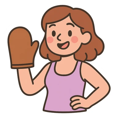 pastel toon style pale skintone woman with brown hair holding a tanning mitt sticker