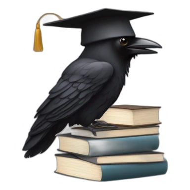 raven in student cap with a stack of gray and brown books sticker