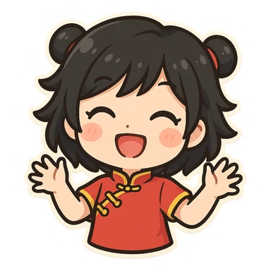 Chinese girl, black layered hair, vibrant and cute, cartoon style, cheerful mood sticker