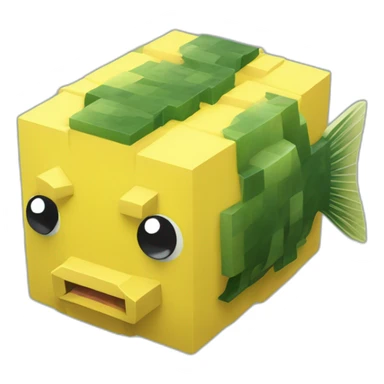 one big cube yellow fugu fish in minecraft style sticker