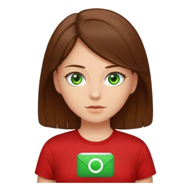 a girl with brown strait hair and has green eyes has a red t-shirt  sticker