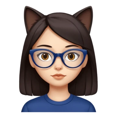 Female. Straight long hair and dark brown eyes and hair with cat eye glasses and dark blue out fit sticker