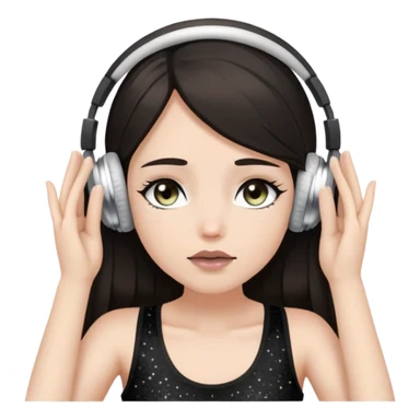 Girl with long dark hair, fair skin tone, wearing a black tank top, has glitter on her eyelids, and taupe lipstick, wearing white headphones, her hands are on her ears, and her hazel eyes are halfway  close sticker