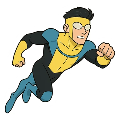 invincible superhero in blue and black suit with yellow accents flying pose cartoon style sticker