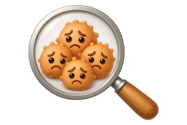 EMOJI STILE IPHONE DI una lente di ingrandimento che inquadra un cumulo di batteri intestinali tristi, IPERREALISTICO 4K sticker