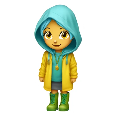 Cute little girl with light blue hair wearing a yellow raincoat hood up with rosary and green muddy boots sticker
