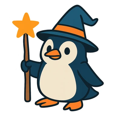 a penguin dressed as a wizard, with a pointed hat and a magic staff, in a fun and whimsical style sticker