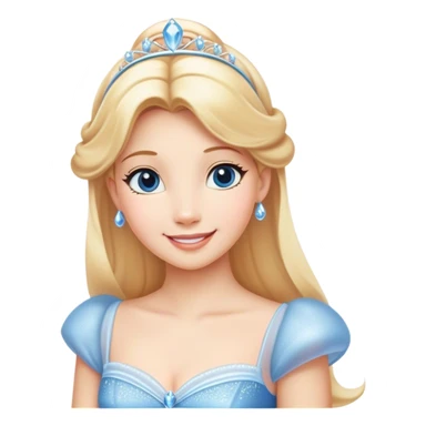 Cinematic Radiant Cinderella Portrait Emoji, rendered in a clean vector-style with bold proportions. Show Cinderella with a warm, serene smile, fair skin, and lustrous blonde hair, wearing a simple yet elegant dress that shimmers with gentle light. The image glows with an inviting, soft radiance and high shine, embodying timeless beauty. sticker