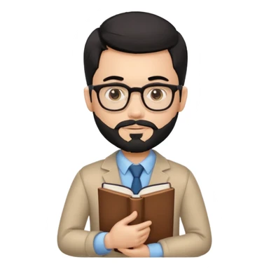 a pretty bratz teacher male with black hair, spectacles on, holding a book in hand and a chocolate in the other. bearded sticker