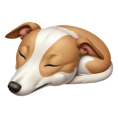 Meme-Worthy Cute Sleeping White and Brown Greyhound Portrait Emoji, Head resting peacefully with a contented smile, showcasing a lean, graceful build and a luxuriously smooth Fur of white with brown accents, eyes shut in a serene nap, Simplified yet hilariously adorable features, highly detailed, glowing with a soft, drowsy light, high shine, relaxed and utterly lovable, stylized with an air of playful laziness, bright and heartwarming, soft glowing outline, capturing the essence of a comically sleepy racer, so meme-worthy it feels like it could instantly become the next viral sensation of adorable slumber! sticker
