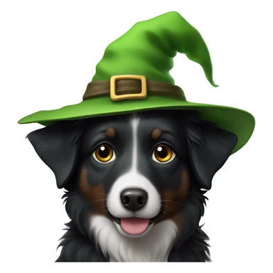 Small black australian shepherd dog green witch hat sticker
