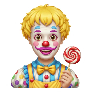 Funny clown — yellow wig, mustache, candy in hand sticker