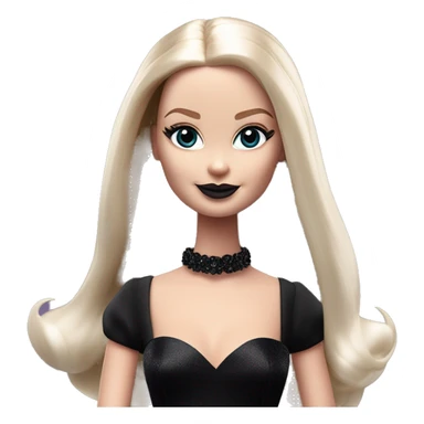  Bunny Wednesday Addams Barbie dancing.  Pretty face. Longer hair, short black flowing strapless evening gown with  plunging neckline that’s off-the-shoulders that also shows her legs and black shiny velvet high heel shoes. sticker