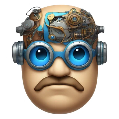 Fat cyborg head with blue steampunk goggles, brown beard and circuits sticker