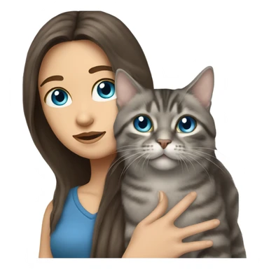 long haired brunette girl with blue eyes holding grey tabby cat sticker