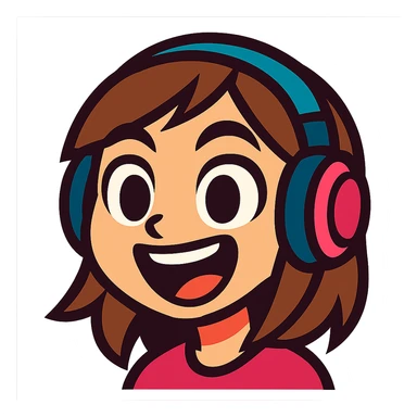 brown-haired gamer girl, excited expression, headphones, head only, emote sticker