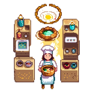 A divine baker surrounded by floating utensils, radiant ingredients, and a halo of light. The oven levitates, powered by pure energy. UI resembles clouds, golden rays, and ethereal scrolls—like a heavenly recipe interface. sticker