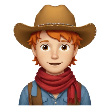 a wavy orange hair boy wearing a cowboy hat with a mischievous grin and freckles with western red scarf on his neck sticker