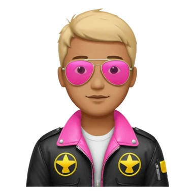 1980s man wearing reflective neon pink aviator sunglasses and a pilot jacket sticker