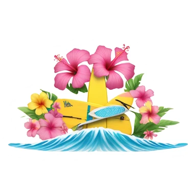 Assign saying aloha with pink and yellow hibiscus and ocean waves and a surfboard sticker