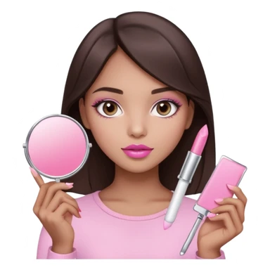 A dark brown hair beautiful eyes medium skin tone of girl carrying a pink mirror to her self and have lip stick on one of her hand look like pink pastel the packaging similar to Rhode lip  sticker
