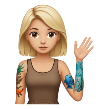 Blonde white girl with dark roots, sunkissed tan, and marine life tattoos on one arm wearing brown dress. Brown eyes sticker