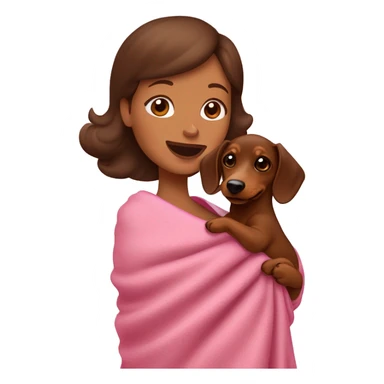 a woman with brown hair is cradling her puppy in a pink baby blanket. the puppy is a brown dachshund dog. the woman is smiling with mouth ajar. you can see the woman cradling the puppy like a baby from her waist up.  sticker