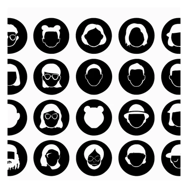 Redesign memoji into black matte monochrome avatars, leaving only the silhouettes of the sculptures. White Background sticker