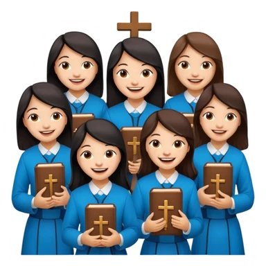 eight asian girls laughing with each other holding bibles and crosses and sticker