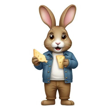 Cute rabbit: a brown rabbit wearing a jeans jacket. Eating a gorgonzola cheese sticker