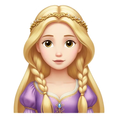 Cinematic Serene Rapunzel Portrait Emoji, rendered in a simplified vector style. Depict a gentle Rapunzel (chest and above) with delicate porcelain skin and long, shimmering golden hair, her expression calm and reflective, dressed in her traditional attire. The image is imbued with a soft, luminous glow and a subtle glowing outline. sticker